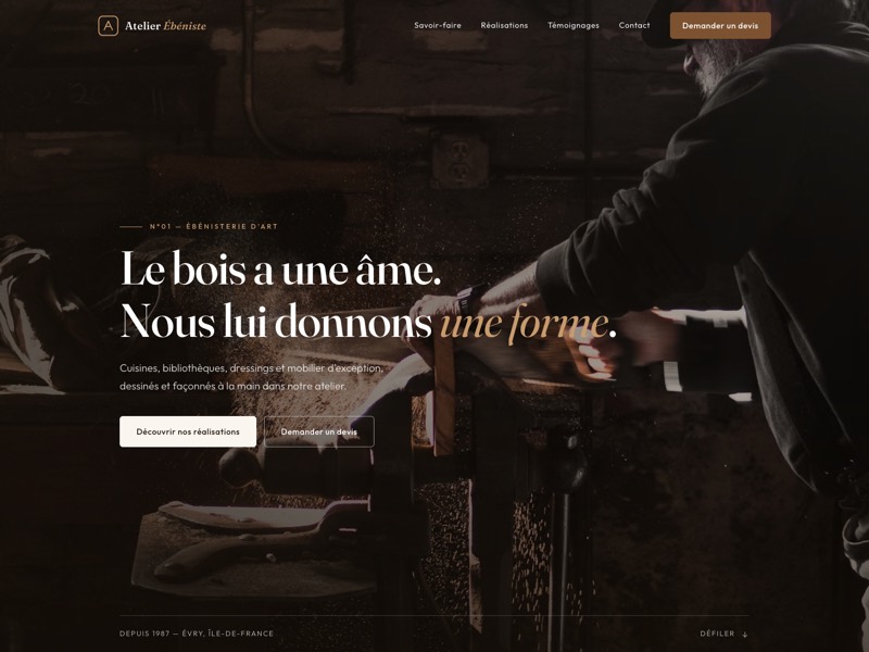 Page d'accueil du site démo Atelier Ébéniste